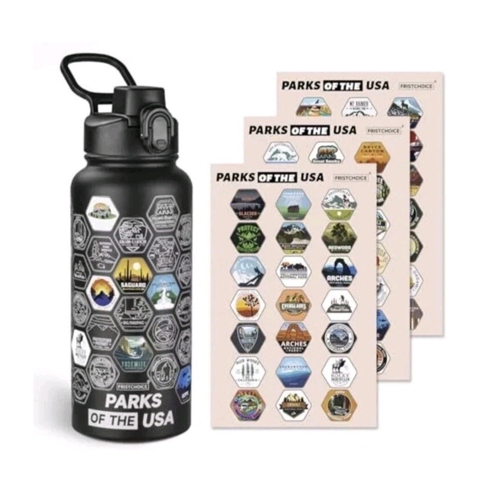 Trekking National Parks Water Bottle with 63 Waterproof Stickers & 3 Lids...NEW
